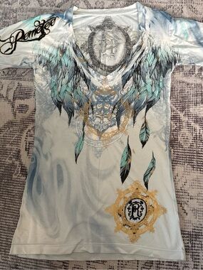 Remetee Women’s Short Sleeve V-Neck Tee in Mint & White size L